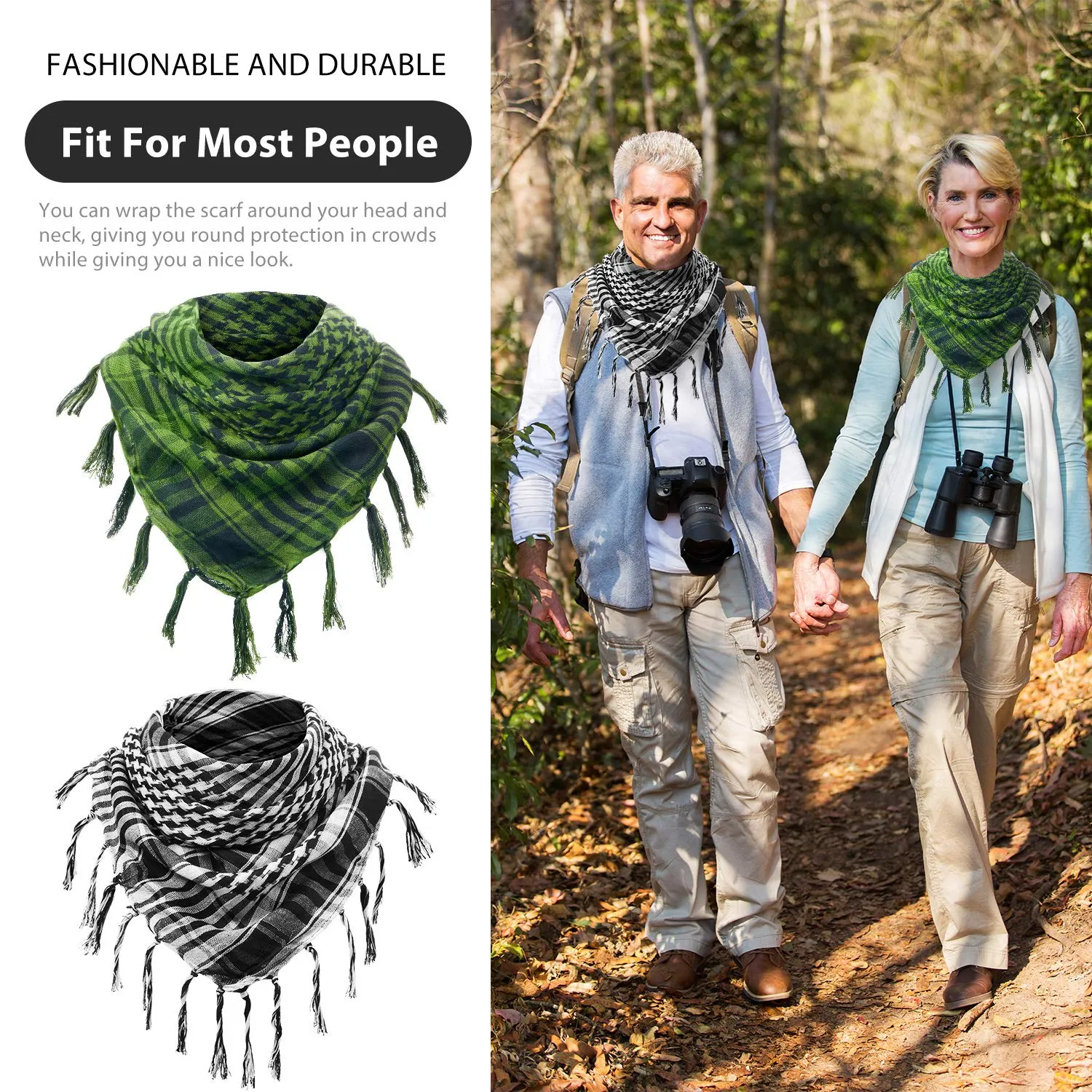 3 Arab Plaid Fringe Scarves Cotton Shemagh Keffiyeh Head Neck Scarf with Tassel for Tactical Outdoor Camping Accessory Unisex Army Green, Black White, Grey