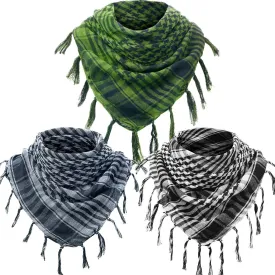 3 Arab Plaid Fringe Scarves Cotton Shemagh Keffiyeh Head Neck Scarf with Tassel for Tactical Outdoor Camping Accessory Unisex Army Green, Black White, Grey
