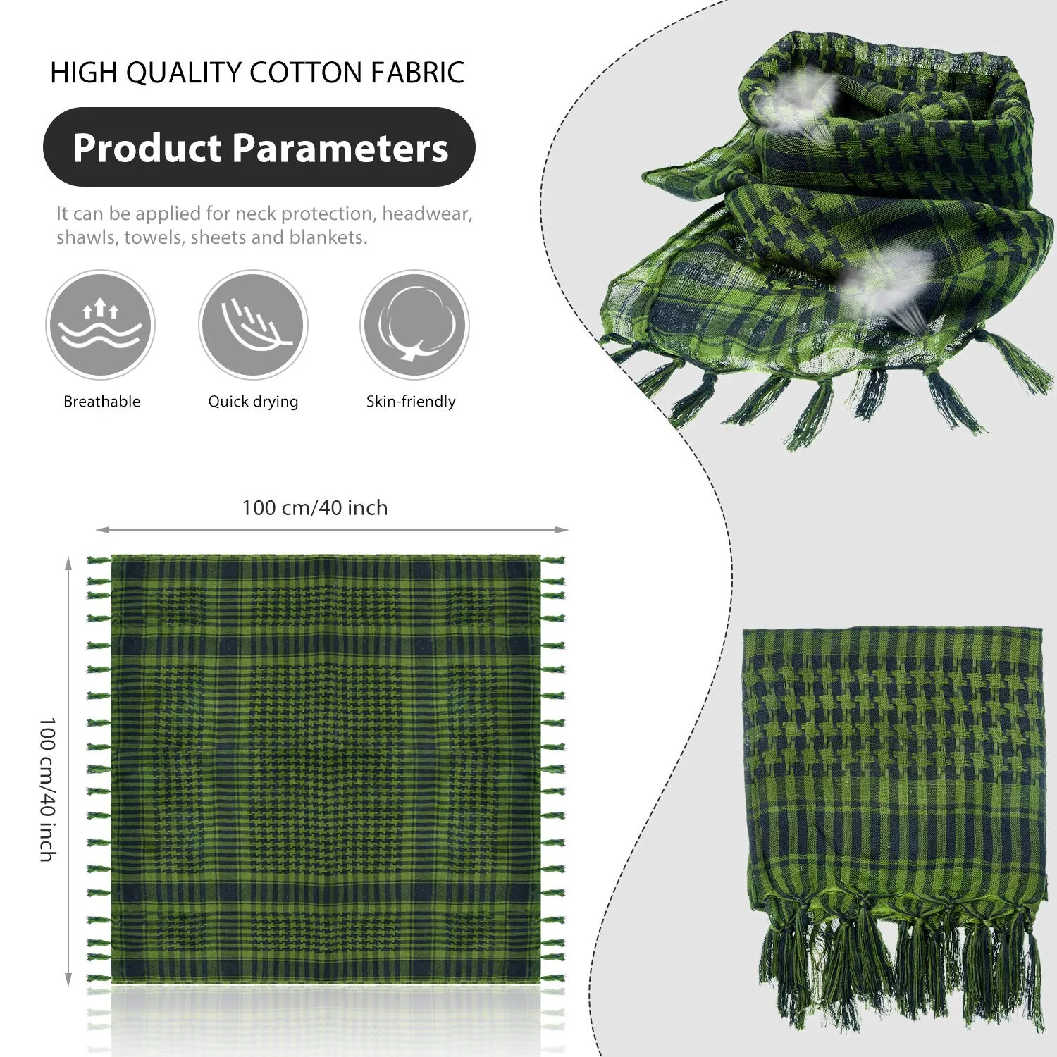 3 Arab Plaid Fringe Scarves Cotton Shemagh Keffiyeh Head Neck Scarf with Tassel for Tactical Outdoor Camping Accessory Unisex Army Green, Black White, Grey