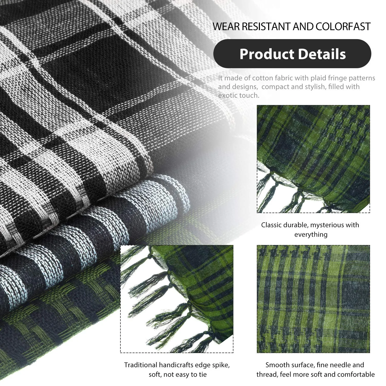 3 Arab Plaid Fringe Scarves Cotton Shemagh Keffiyeh Head Neck Scarf with Tassel for Tactical Outdoor Camping Accessory Unisex Army Green, Black White, Grey