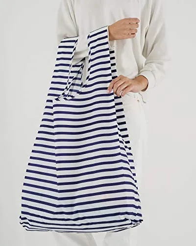 BAGGU Large Reusable Shopping Bag, Foldable Ripstop Nylon Tote for Laundry or Shopping, Sailor Stripe (2018)