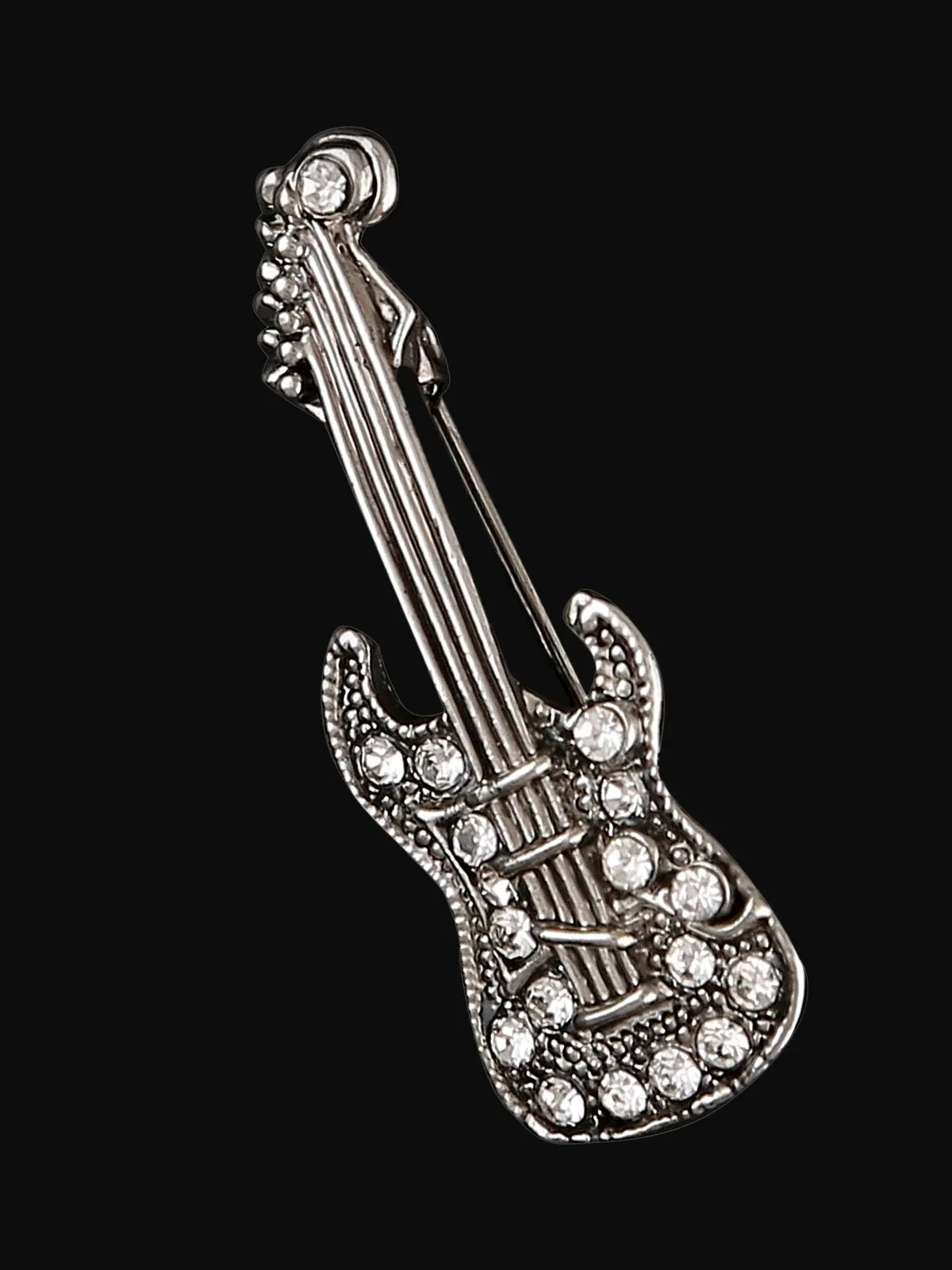 Clear Crystal Guitar Brooch Pin In Antique Gold & Antique Silver Tone finish