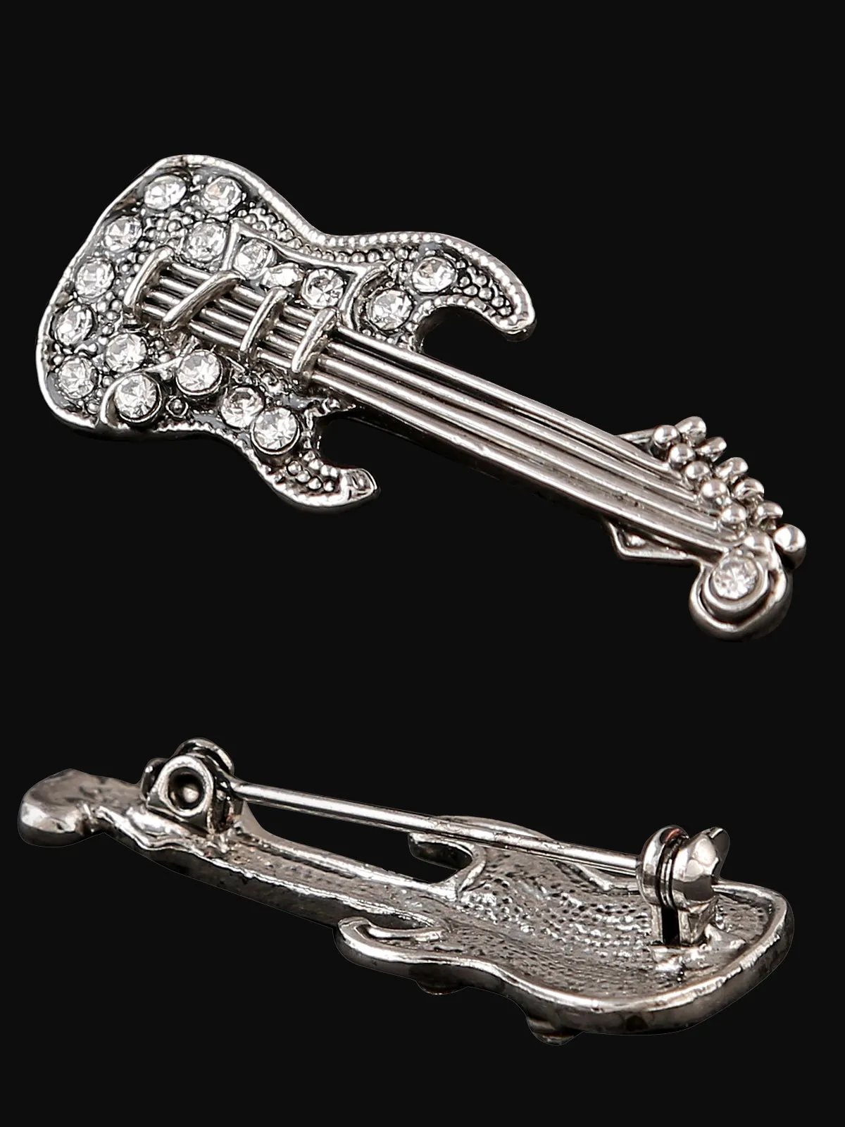 Clear Crystal Guitar Brooch Pin In Antique Gold & Antique Silver Tone finish