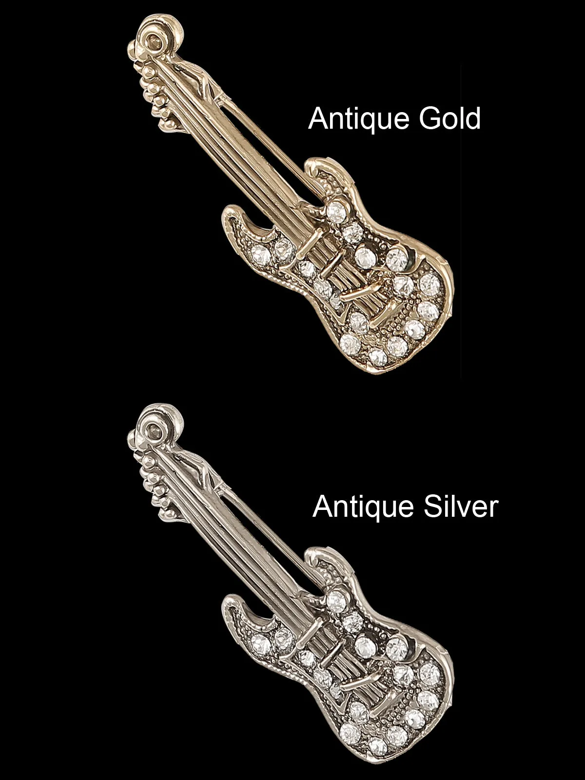 Clear Crystal Guitar Brooch Pin In Antique Gold & Antique Silver Tone finish