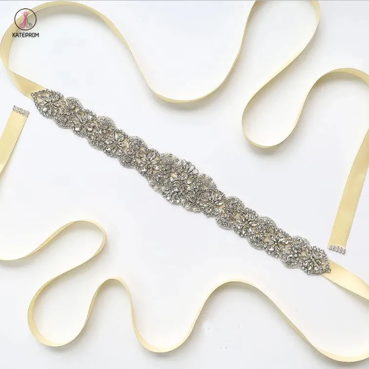 Elegant Long Crystal Sashes with Ribbon, Wedding Bridal Sash KPS0004