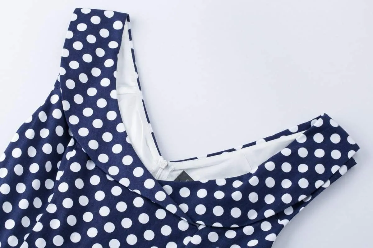 Navy & White Polka Dot Cross Neck Vintage Swing Dress