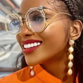Pilot Style Round Crystal Lion Decor Eyewear Sunglasses for Women
