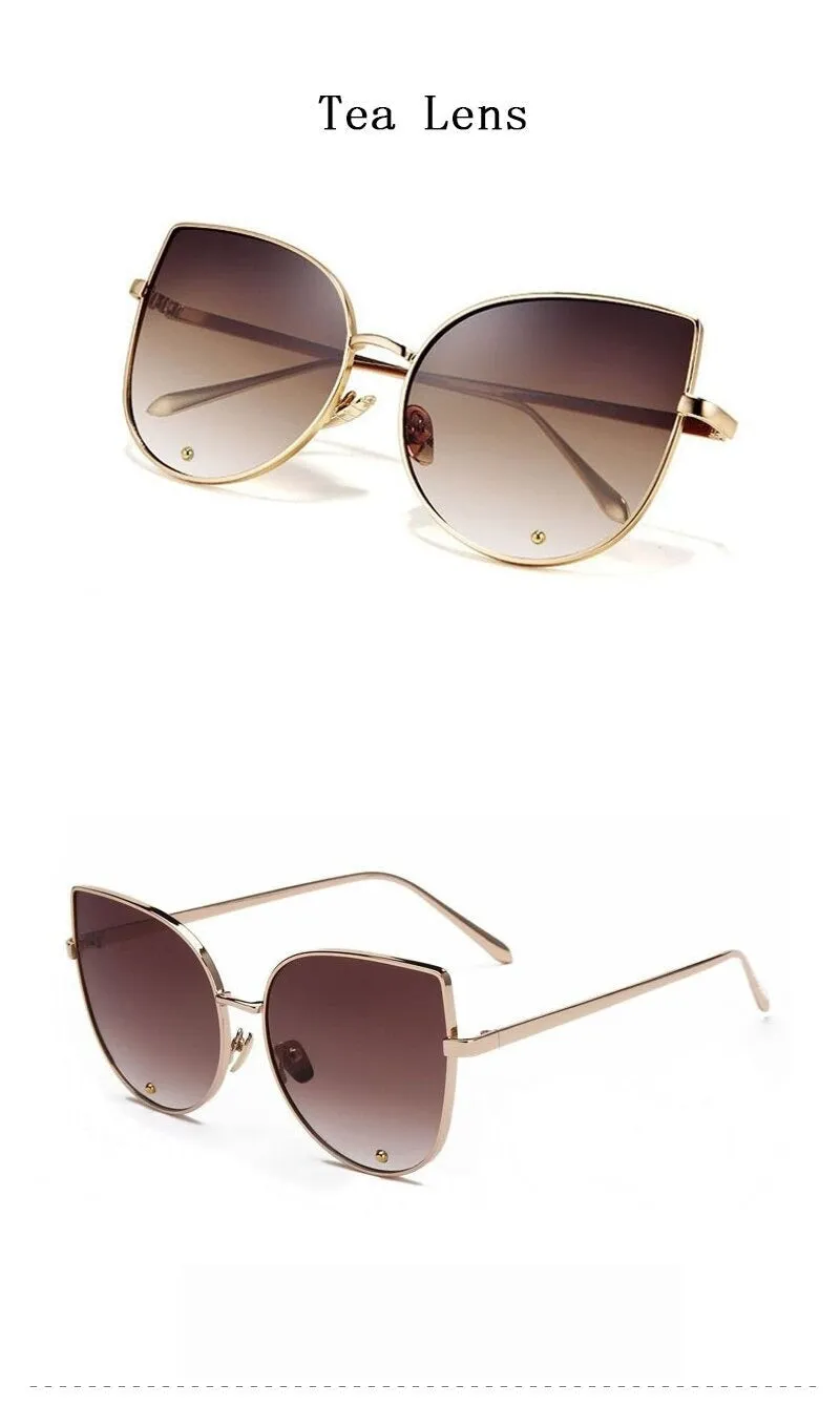 Vintage Fashion Metal Flat Frame Clear Lens Cat Eye Sunglasses for Women