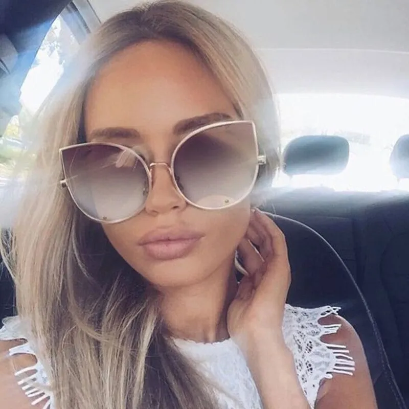 Vintage Fashion Metal Flat Frame Clear Lens Cat Eye Sunglasses for Women