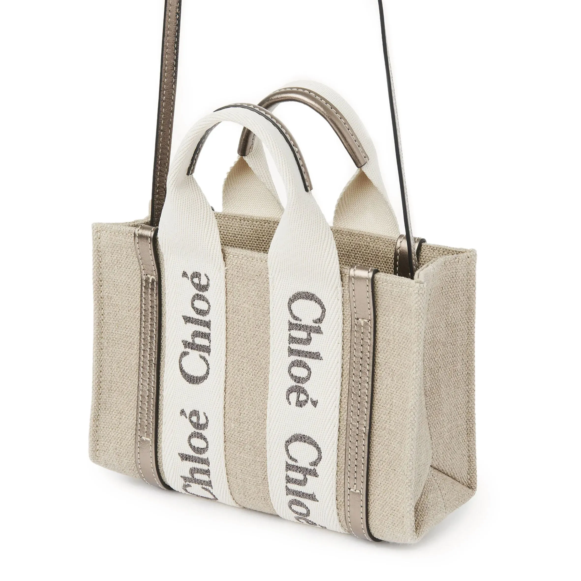 Woody Tote Mini Strap Linen, Metallic Grey