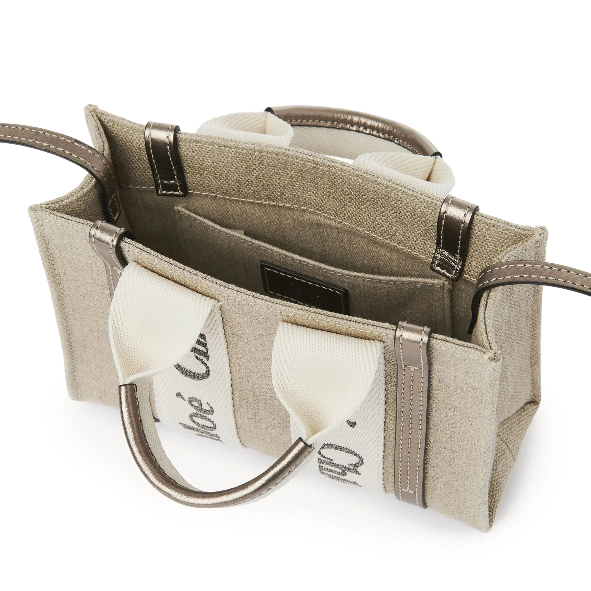 Woody Tote Mini Strap Linen, Metallic Grey